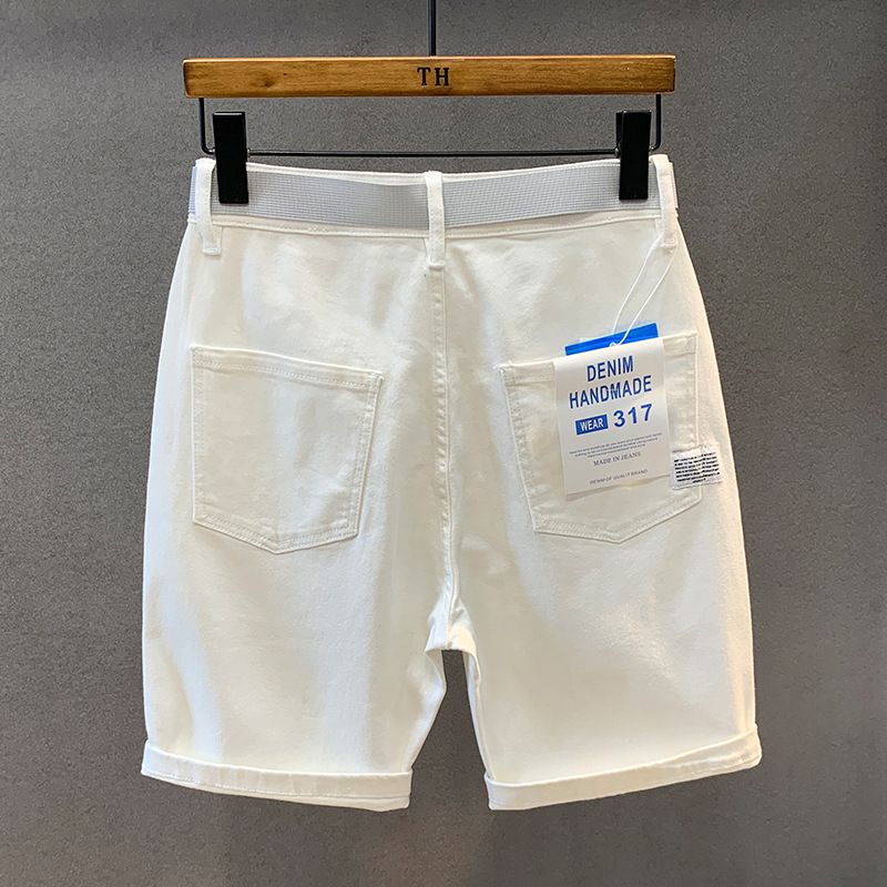 Zomer Nieuwe Amerikaanse Casual Witte Denim Shorts voor Heren Losse Capri's Trendy Veelzijdige Rechte Middellange Broek_voghion.com