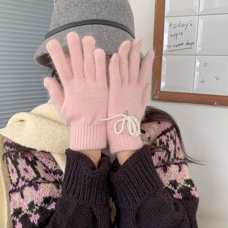 Pearl Bow Gloves Women's Winter Fingerless Knit Solid Color Style_voghion.com