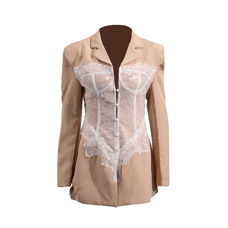 Celebrity High Grade Lace Stitching Fishbone Waist Top 2025 Summer New V Neck Long Sleeved Tinta Unita Jacket For Women_voghion.com