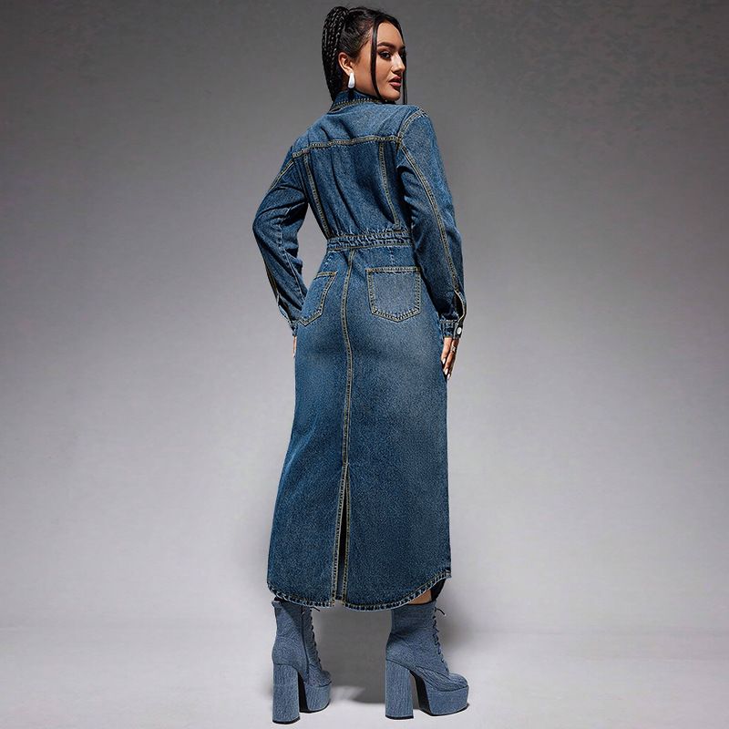 Damenbekleidung Reversknopf Langarm Schlitz Neues langes Denim-Kleid_voghion.com
