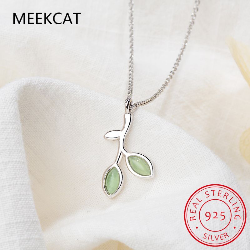 Collana con ciondolo in argento sterling con foglie di ramo d'ulivo e smalto verde, per donna, con pietre preziose, girocollo, catena da 45 cm_voghion.com