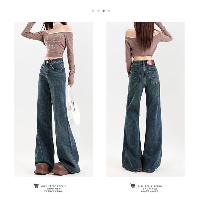 Jeans a zampa elasticizzati a vita alta per donna - Pantaloni slim fit a zampa con comodo tessuto elastico e lavaggio vintage (azzurro/blu retrò, XS-2XL)_voghion.com