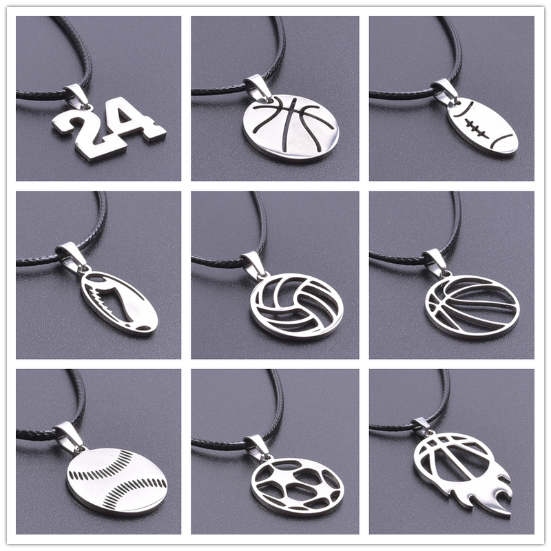 Sports Pendant Necklace Stainless Steel Necklaces For Women Men Accessories Leather Rope Basketball Football Charm_voghion.com