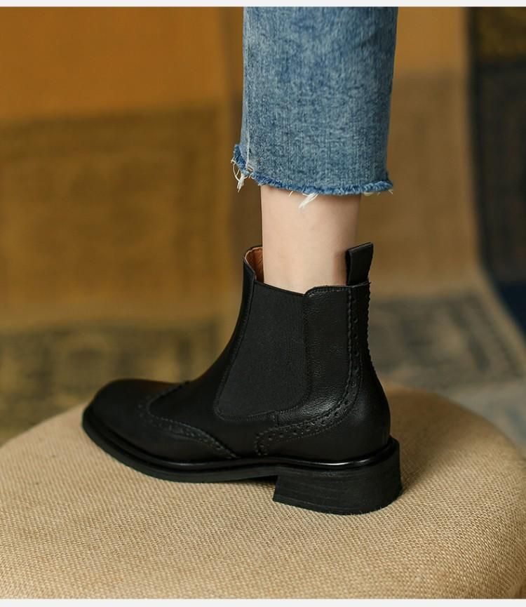 Botines planos estilo brogue de piel auténtica para mujer, estilo retro francés, para otoño e invierno, 2025_voghion.com