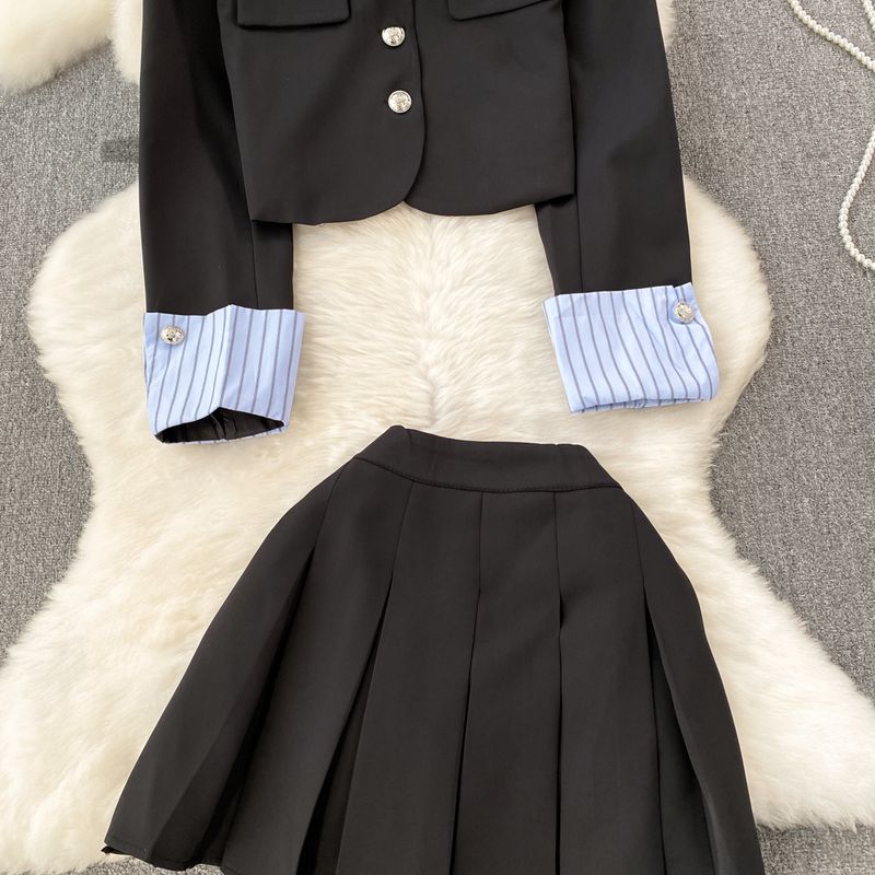 Damenbekleidung Modischer Anzug für Damen, damenhaftes Temperament, gestreifte Anzugjacke mit Spleiß, zweiteiliger Anzug, A-Linien-Rock mit hoher Taille_voghion.com