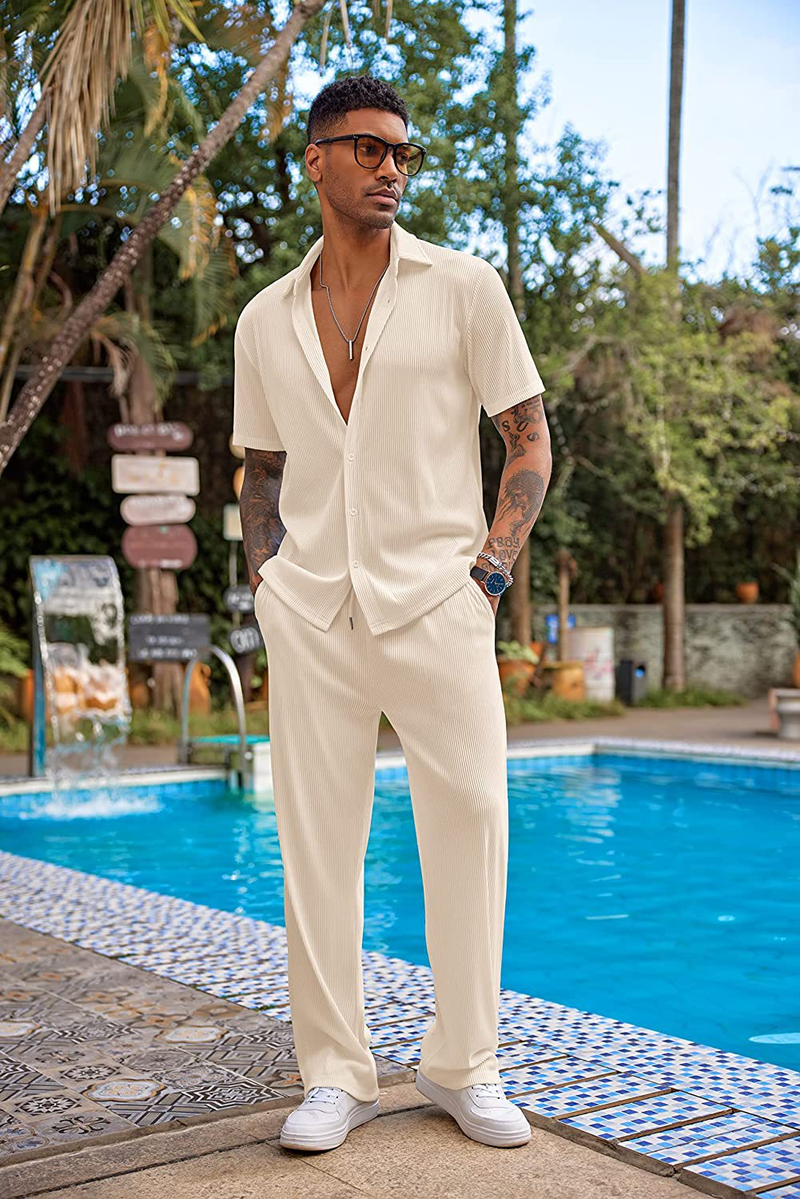 Calças compridas de manga curta de cor sólida masculina nova solta conjunto casual_voghion.com