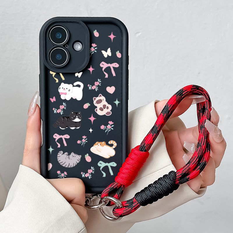 Pouzdro na telefon s řetízkem na zápěstí pro iPhone 16 Pro Max Plus s kreslenou kočkou a růžovou mašlí, měkké TPU poutko na zápěstí, nárazuvzdorné zadní kryty_voghion.com