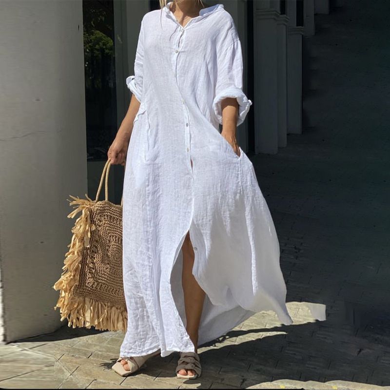 Abbigliamento donna casual tasca camicia colletto gonna lunga casual cotone e lino grandi dimensioni abito gonna_voghion.com