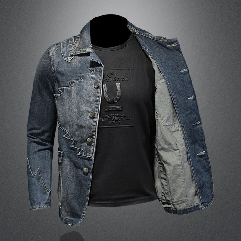 Herrenbekleidung, modisch, Persönlichkeit, Design, Anzug, Jeansjacke, Jacke, schwerer Ethno-Stil, Denim-Kleidungstrend_voghion.com