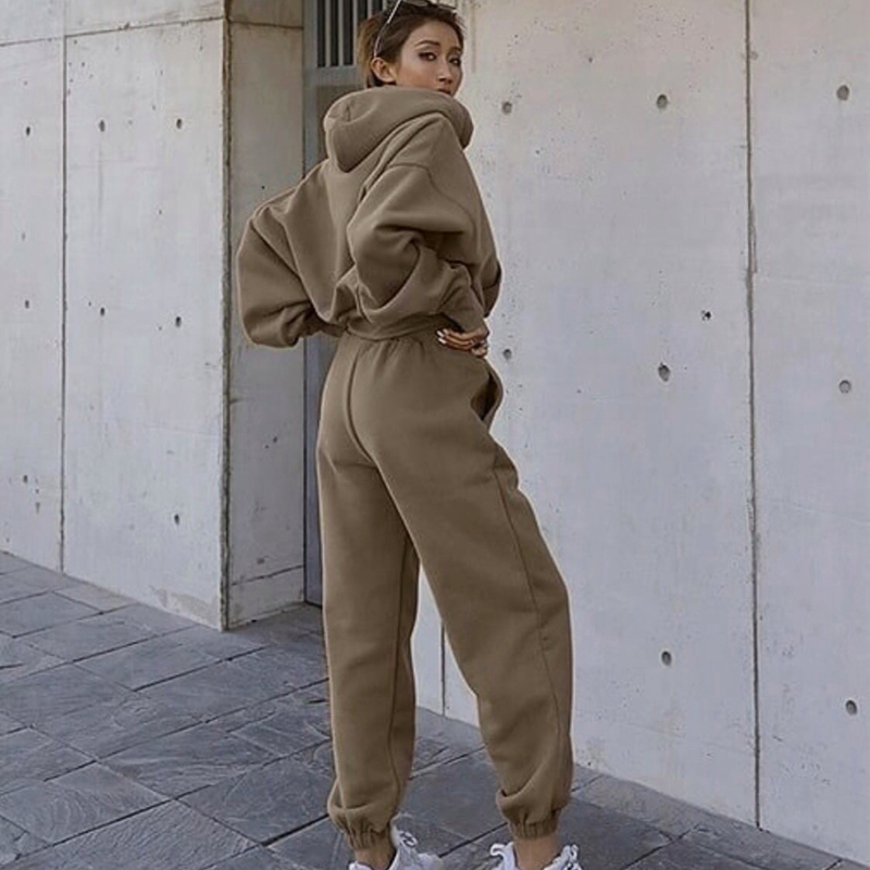 Completo da donna in due pezzi, felpa con cappuccio, pantaloni, top spessi a maniche lunghe, pullover, tasche, pantaloni a vita media, tuta sportiva_voghion.com