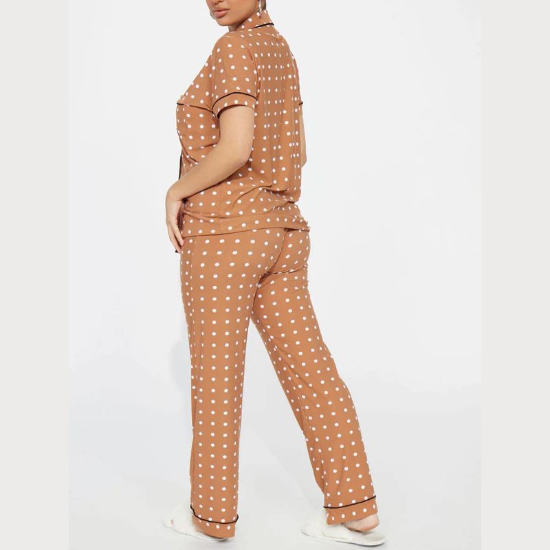 Women's Clothing Home Comfortable Printed Front Open Lapel Short Sleeved Trousers Suit_voghion.com
