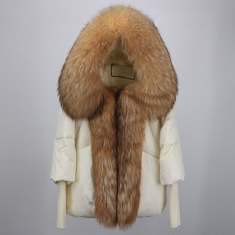 Kurze Pufferjacke für Damen mit 90 % weißen Entendaunen und abnehmbarer Kapuze aus Fuchspelz – stylischer Wintermantel für die N-Mode (201–300 g Füllung, 91–95 % Reinheit)_voghion.com