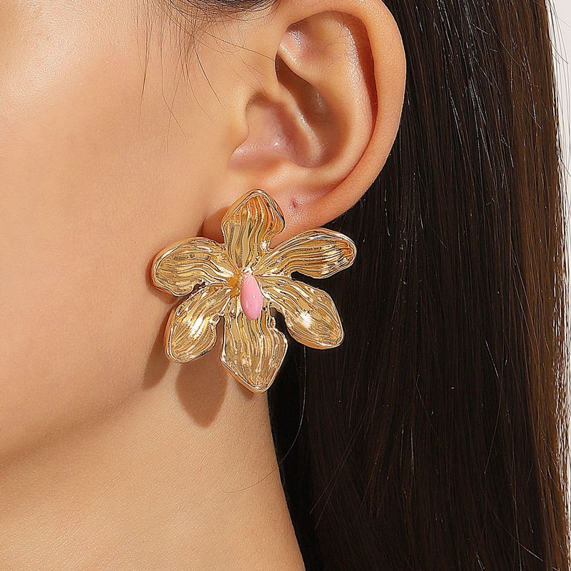 Orecchini a bottone rosa con fiore in lega colorata, esagerati, da donna, stile europeo e americano, oltre confine_voghion.com