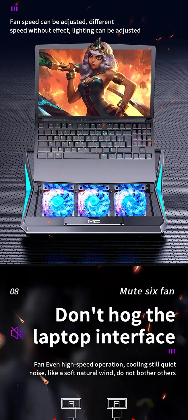 15,6-Zoll-Gaming-Laptop-Kühler mit sechs Lüftern, höhenverstellbar, leises Kühlpad, Computerständer für Laptops unten_voghion.com