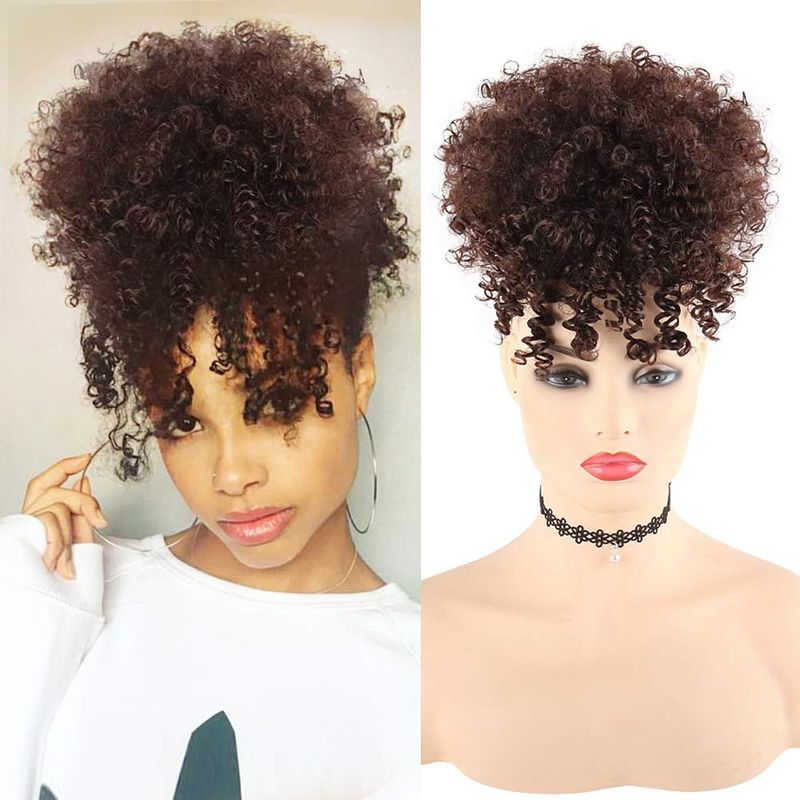 Zwarte korte kinky krullende chignon met pony Synthetische haarknot Trekkoord paardenstaart Clip in Afro Puff haarstukken voor vrouwen_voghion.com