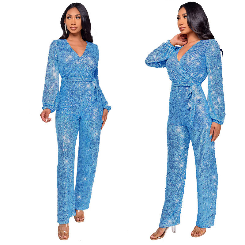 Damkläder Ins Style Deep V Mode Casual Jumpsuit Långärmat Bälte Paljett Jumpsuit Dam_voghion.com