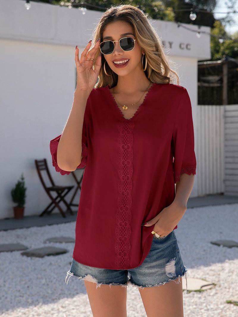 Camicia a maniche corte con scollo a V per il commercio estero tinta unita da donna_voghion.com
