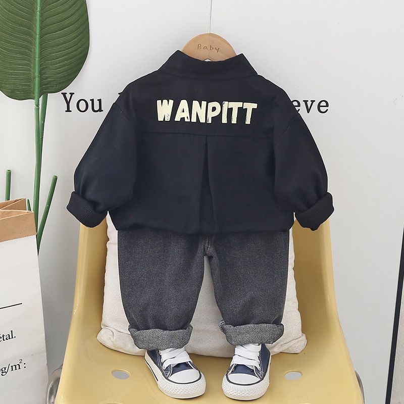 Abbigliamento per bambini primavera autunno 2025, edizione coreana, camicia casual a maniche lunghe, jeans, set da due pezzi, bello e_voghion.com