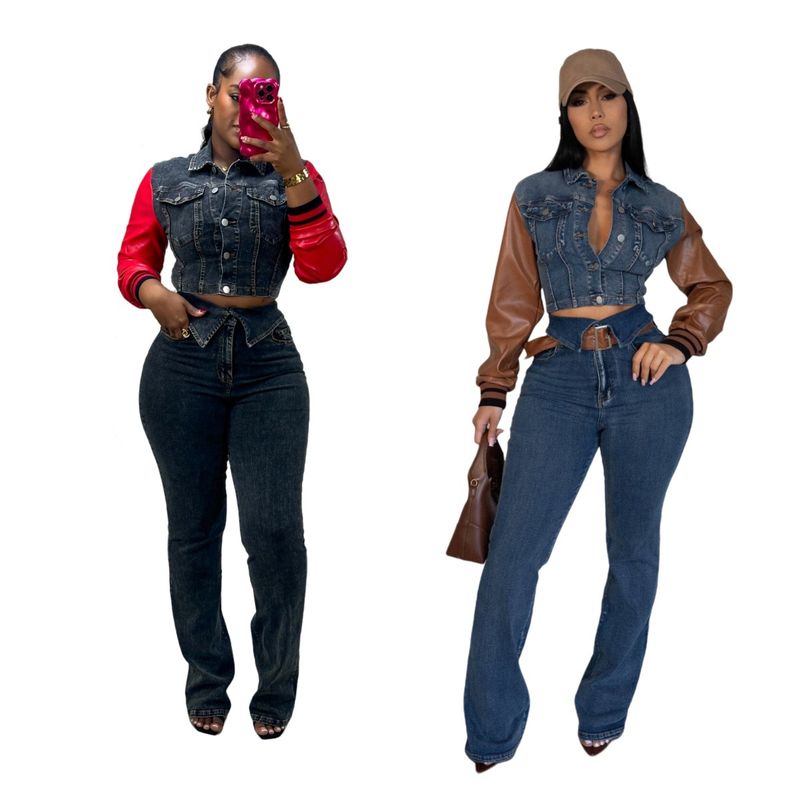 Dametøj Denim Suit Læder U Denim Stitching Stretch Bukser _voghion.com