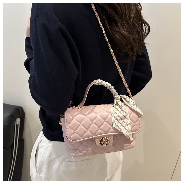 Women's Fashion Shoulder Bag With Quilted Design, Chain Strap & Scarf Detail - Soft PU Crossbody Purse For Daily Commute & Casual Outings_voghion.com