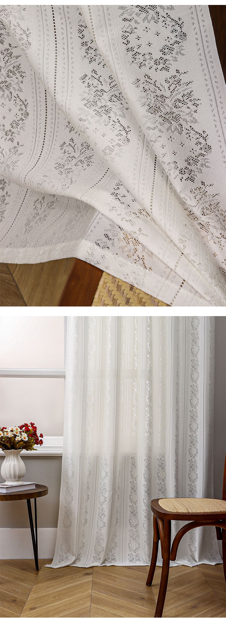 Lace Sheer Curtains - Semi-Sheer Window Drapes For Living Room & Bedroom (Ready-Made, Minimalist Style, Light Filtering With Privacy, 52x84 Inches)_voghion.com