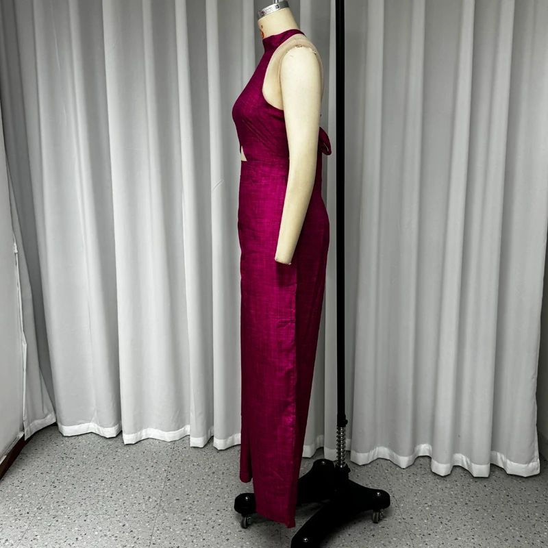 Women's Clothing summer new women's clothing solid color round neck sleeveless fashion hollow wide leg jumpsuit_voghion.com