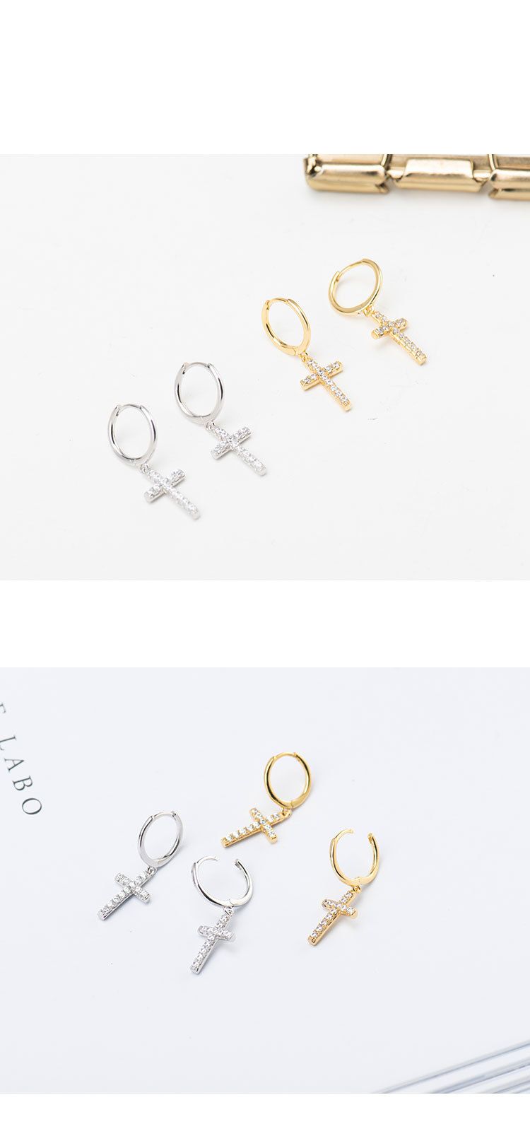 Koreaanse stijl S925 sterling zilveren kruis oorbellen - gegalvaniseerde gladde zirkonia oorbellen met stevige oorknopjes_voghion.com