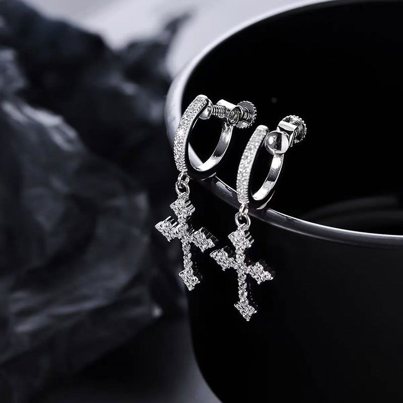 Orecchini a croce in zircone di alta qualità per uomo e donna, eleganti orecchini a clip con vite per donna._voghion.com