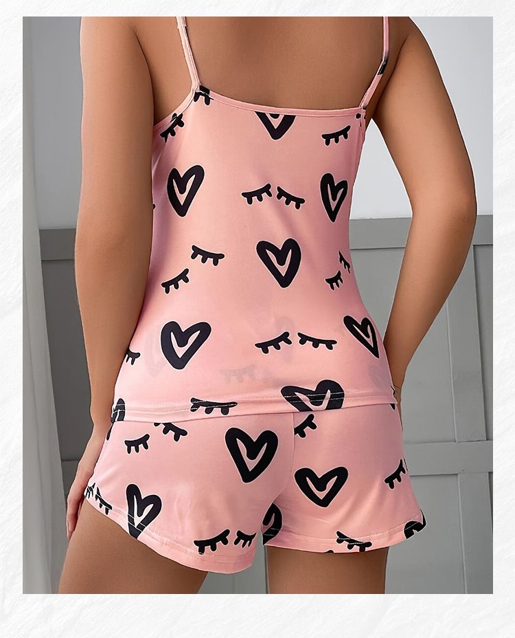 Kvinnors sovkläder Skönhet Pyjamas Set Tryckta Suspender Shorts Hemkläder Pyjamas_voghion.com