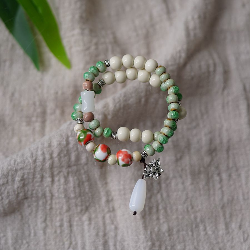 Nueva pulsera de cerámica china de doble círculo Jingdezhen para mujer, estilo étnico literario, mariposa y hada, joyería de moda_voghion.com