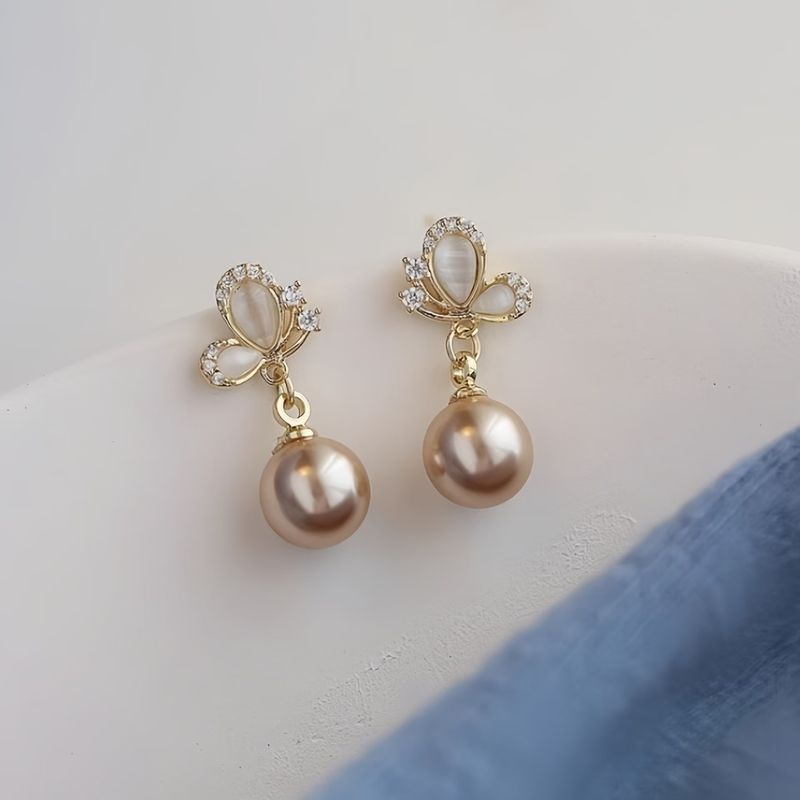 Eleganti orecchini a bottone in oro champagne con perle per donna con ago in argento, design di nicchia, orecchini a farfalla con pietra occhio di gatto dal temperamento squisito_voghion.com