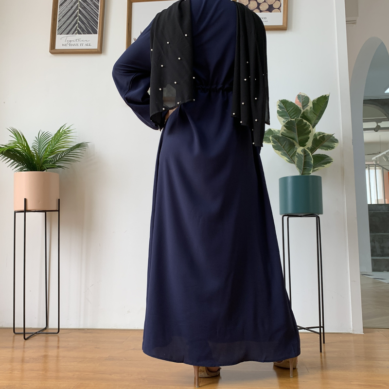 Roupas femininas nova moda muçulmana lapela cor sólida botão completo vestido fino saia longa_voghion.com