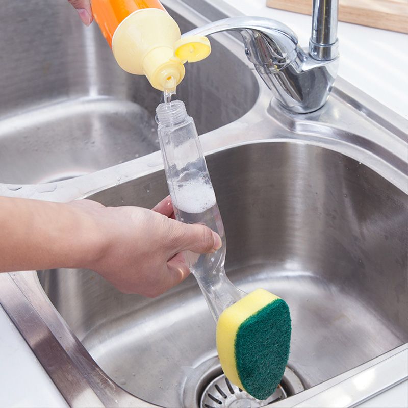 Spazzola di pulizia sostituibile con manico per liquido di ricarica, spugna abrasiva, erogatore di spazzole per piatti, strumento per il lavaggio domestico_voghion.com