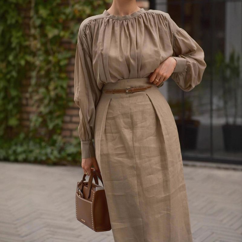 Elegant Long Sleeve Blouse With High-Slit Midi Skirt Set - Breathable Chiffon & Stretchable Fabric For Office & Casual Wear (S-XXL, Beige)_voghion.com