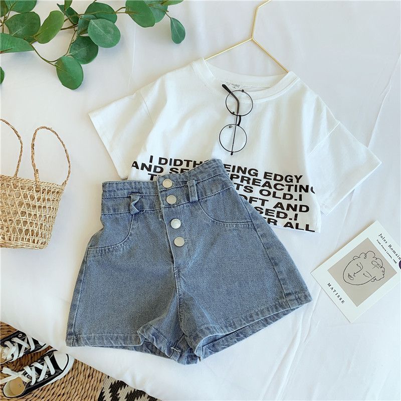 Mamma e bambini estate ragazze vestito bambino stile occidentale bambini personalità alla moda coreano pantaloncini lettera senza schienale maglietta denim_voghion.com