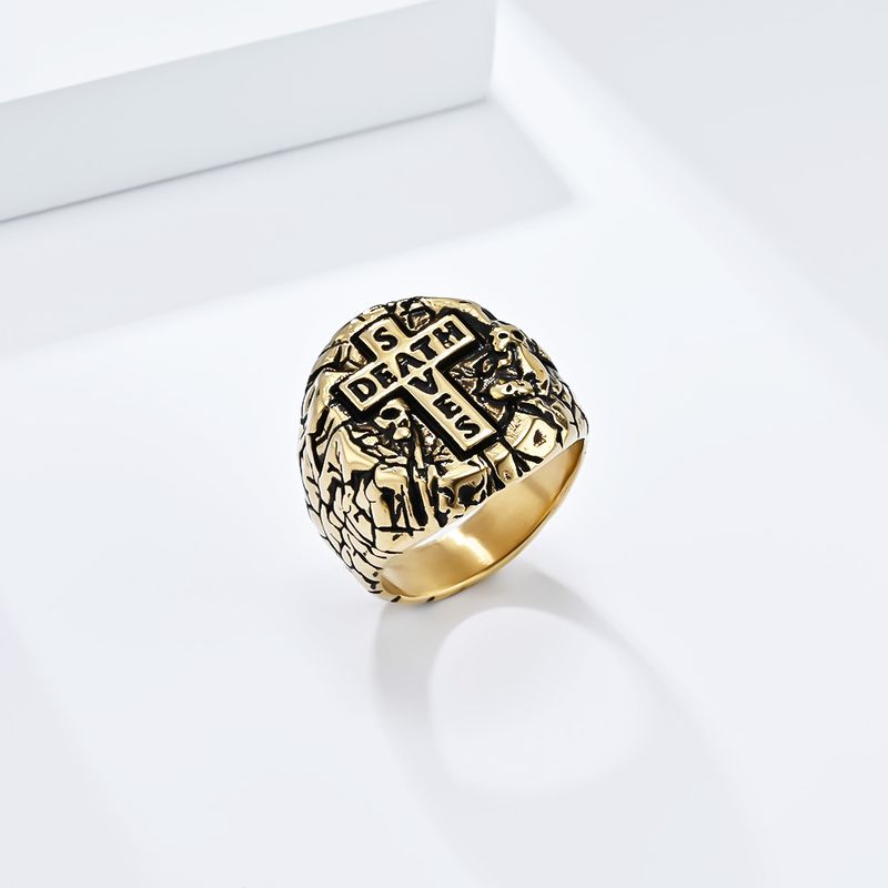 Retro style cross titanium steel ring ring stone pattern niche personality accessories_voghion.com