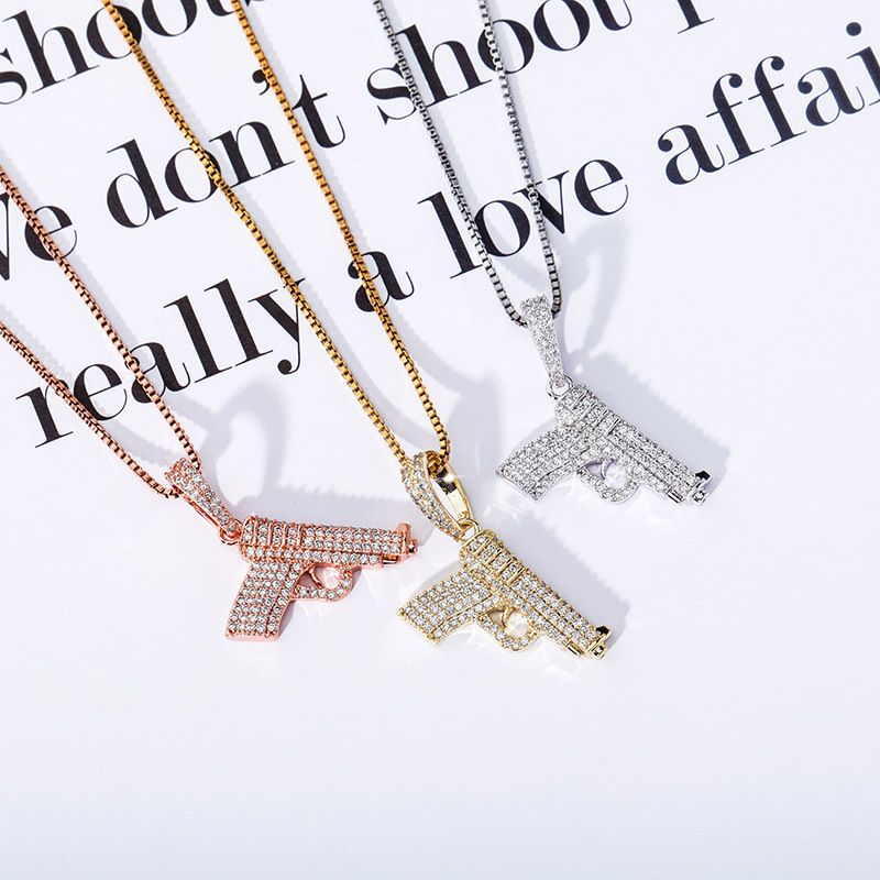 Silver Pistol Full Zircon Pendant New Hip Hop Necklace Jewelry_voghion.com