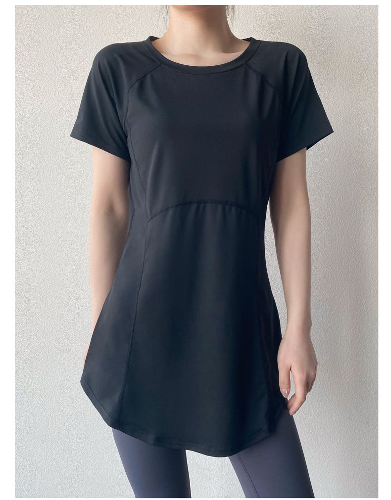 Camiseta de ioga de manga curta para o verão, nova camiseta esportiva fitness respirável de secagem rápida com cobertura de quadril de comprimento médio para emagrecimento_voghion.com