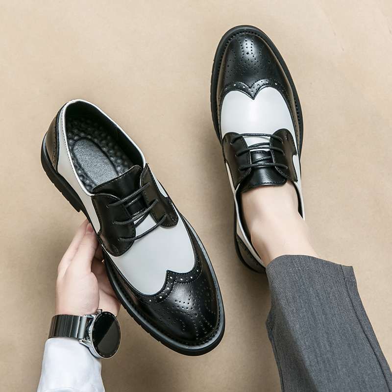 Euro Step Schwarz-Weiß-Herren-Lederschuhe New British Business Höhe erhöhender Brogue Derby Patchwork Casual Big Head_voghion.com
