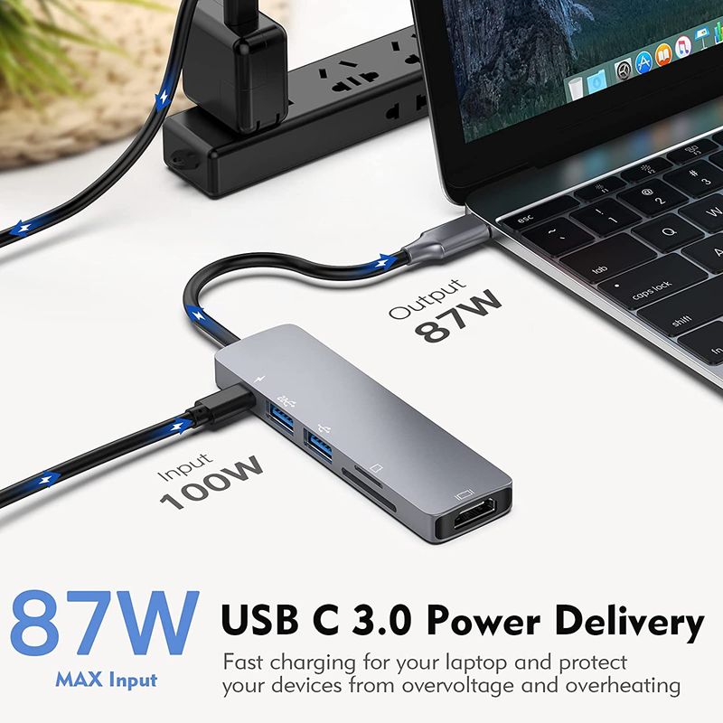 Station d'accueil USB C HUB 6 en 1 avec adaptateur USB C avec HDMI 4K USB3.0 SD/TF 87 W PD Thunderbolt 3 pour MacBook Pro PC Accessoires_voghion.com