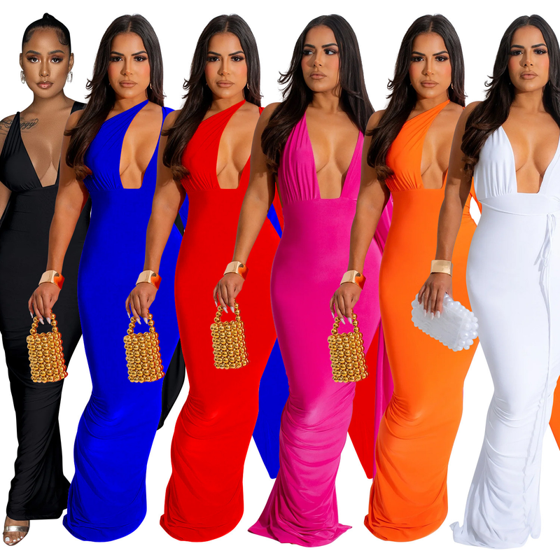 Abito da donna con gonna lunga senza schienale in tinta unita con maniche a spalla singola_voghion.com