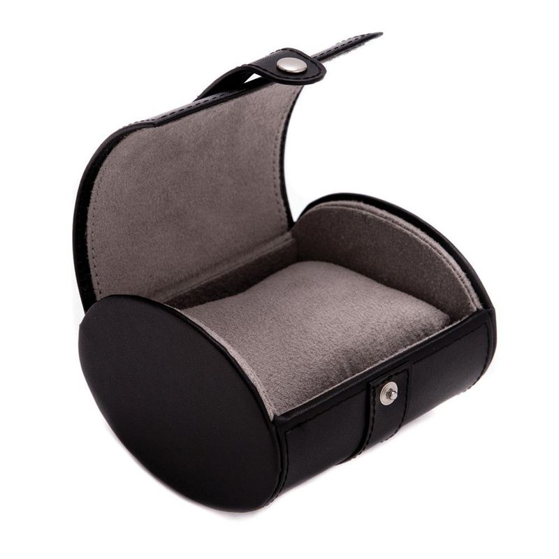 Black Leather Velour Lined Snap Closure Single Watch Travel Case_voghion.com