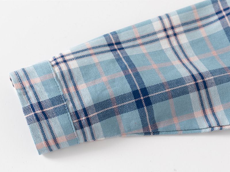 Camisa infantil de manga comprida com ombro solto para bebê xadrez com gola quadrada_voghion.com