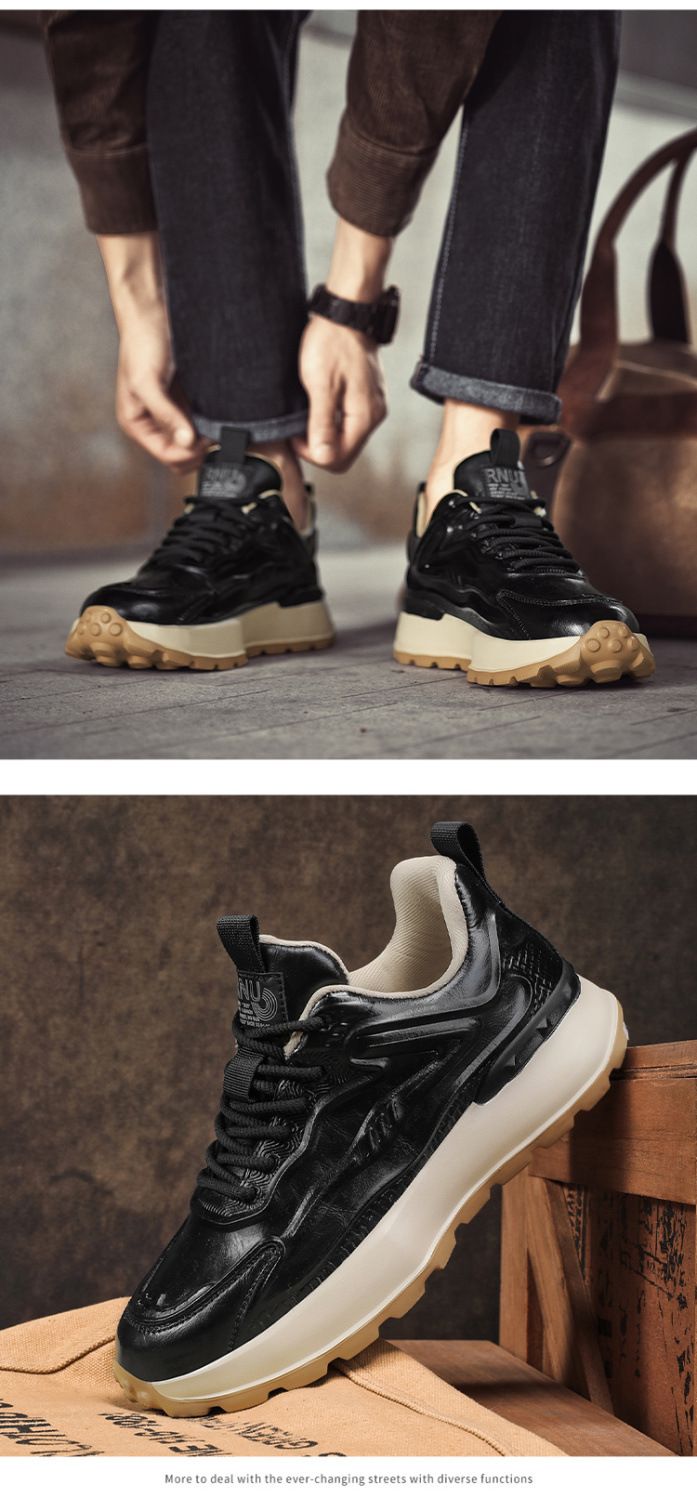 Scarpe sportive da uomo con suola spessa in pelle nera con rialzo in altezza_voghion.com