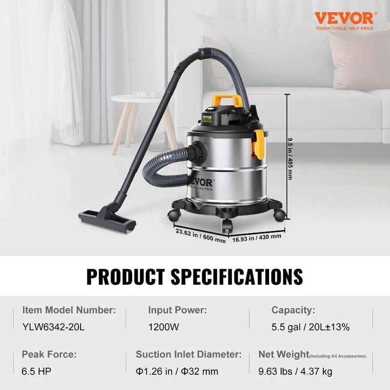Steel With HP W/ 5.5 Wet 6.5 Blower Powerful Peak Function Gallon Suction Shop Wet/Dry 2 Stainless Dry Vac, Attachment Vacuum,_voghion.com