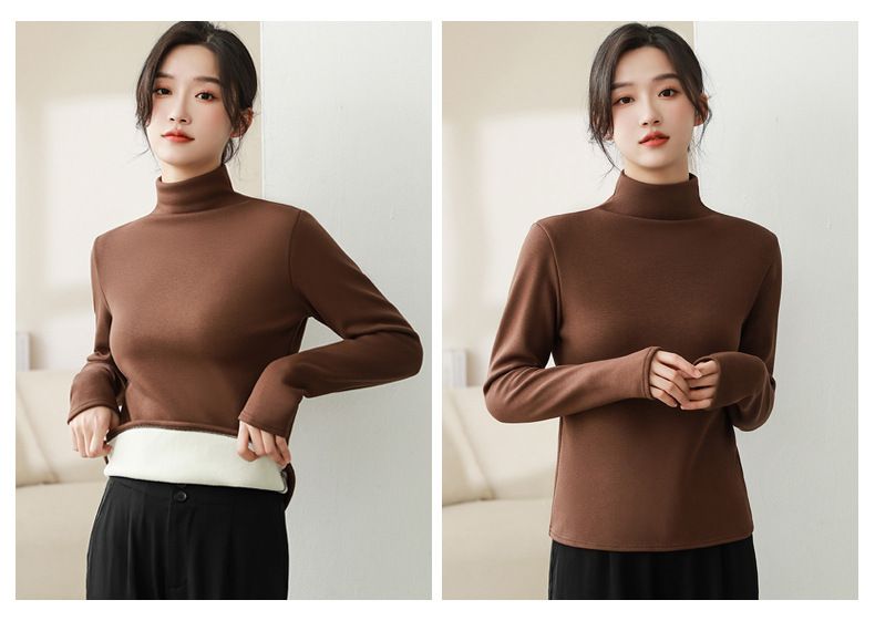 Camisa básica modal com gola alta e forro de lã H512 para mulheres, outono e inverno, camada interna preta de alta qualidade_voghion.com