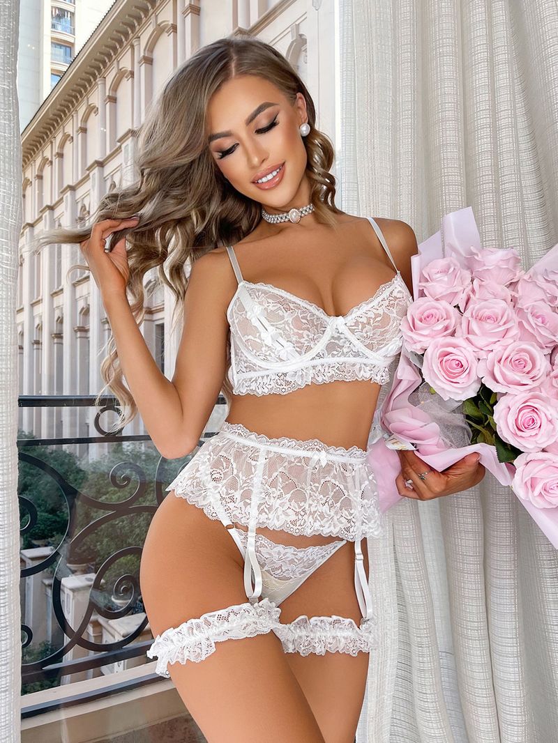 Women's Intimates New Style Gathered Bra Set Lace Sexy See Through Underwear Suspenders Lace Leg Ring_voghion.com