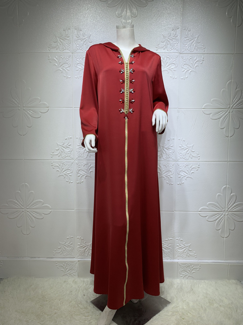 Vestido muçulmano feminino de cetim com contas abaya Dubai leve vestido de noite étnico luxuoso_voghion.com
