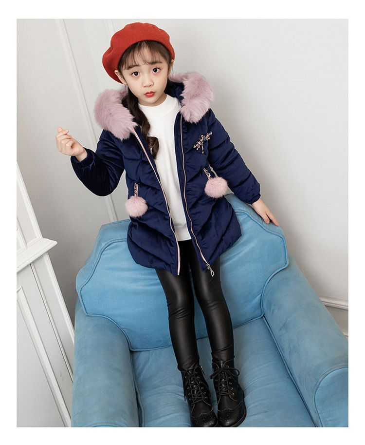 Piumino lungo invernale con cappuccio e fodera in pile per bambine, giacca spessa di media lunghezza per bambini, design con libellula dei cartoni animati, moda in stile coreano_voghion.com