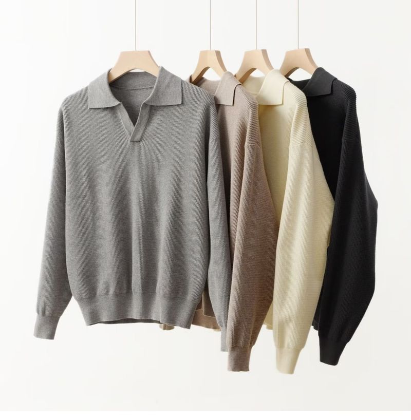 Maglione con scollo a V, pullover con risvolto spesso, polo a maniche lunghe, tinta unita, primavera e autunno._voghion.com